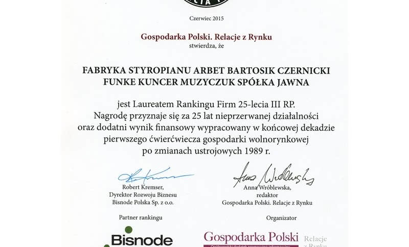 Nagroda dla Arbet 25 lat działalności oraz dodatni wynik finansowy