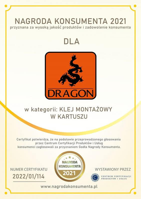 Certyfikat potwierdzający przyznanie "Nagrody Konsumenta 2021" dla klejów Dragon Poland Certyfikat potwierdzający przyznanie "Nagrody Konsumenta 2021" dla klejów Dragon Poland